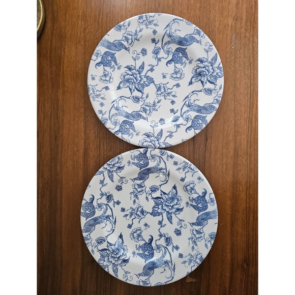 2 Blue Vintage Staffordshire Engravings Bird of Paradise Desert Plates - Picture 2 of 3